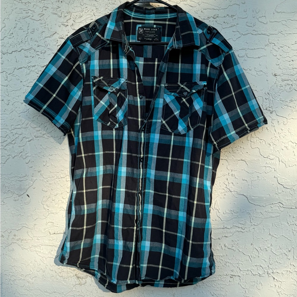 Marc Ecko Cut & Sew Men’s Teal & Black Plaid Short Sleeve Button Down Size L